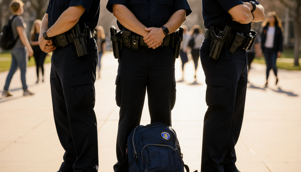 Three police officers stand back‑to‑back with hands on holsters and a backpack at their feet surrounded by students in light.