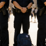 Three police officers stand back‑to‑back with hands on holsters and a backpack at their feet surrounded by students in light.