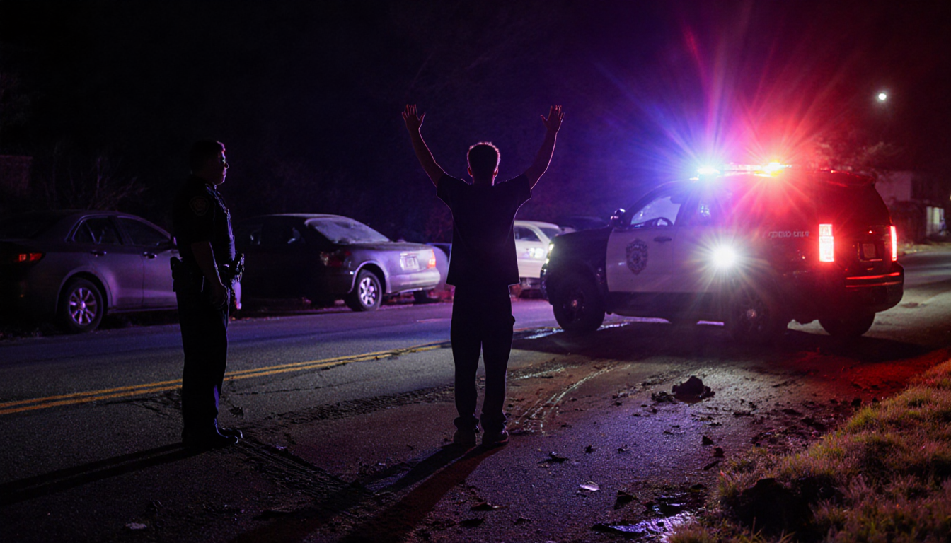 Teen suspect raising arms with police car flashing lights and dark Gloucester street during nighttime arrest