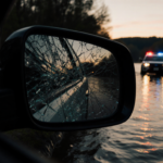 Cracked dashboard camera lens reflects broken glass in murky water with submerged cruiser and distant speeding car.
