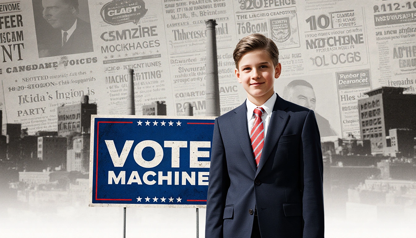 Young politician's child stands confidently beside campaign sign with blurred smokestacks and social media headlines.