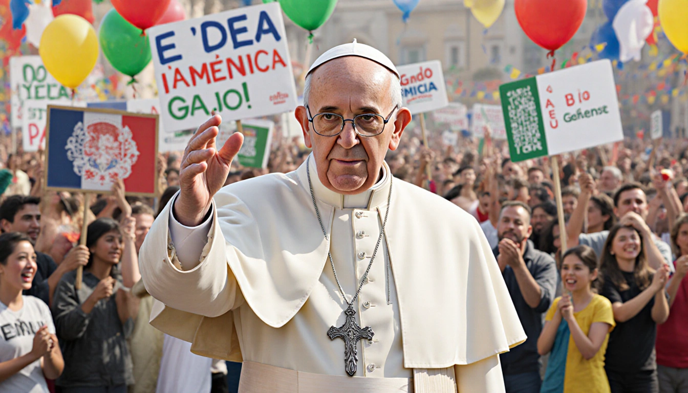 Pope Leo XIV extends hand with a gesture of inclusivity and banners in English and Spanish amid festive crowd