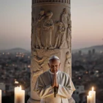 Pope Leo XIV standing before a column with carved scenes of refugees and children surrounded by candlelight and a cityscape.