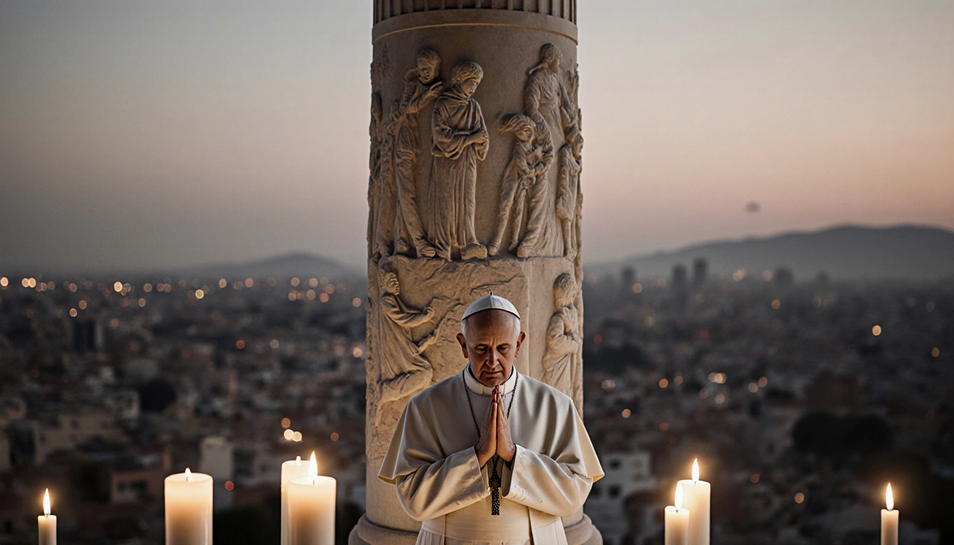 Pope Leo XIV standing before a column with carved scenes of refugees and children surrounded by candlelight and a cityscape.