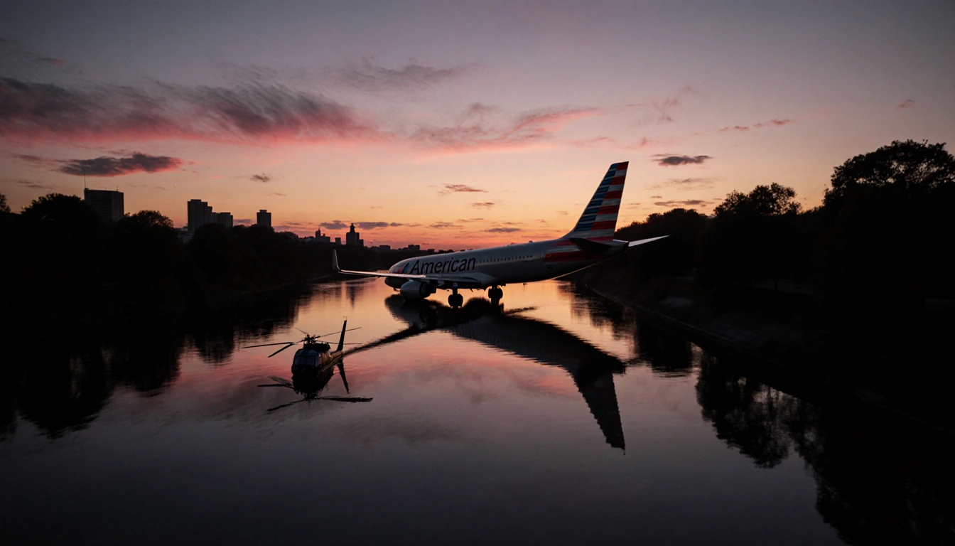 Two aircraft colliding over Potomac River with dusk sky reflections in water and silhouetted trees beside banks