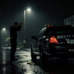 Man raising his hands with a bullet casing on wet pavement near a police car with lights off on a rainy street.