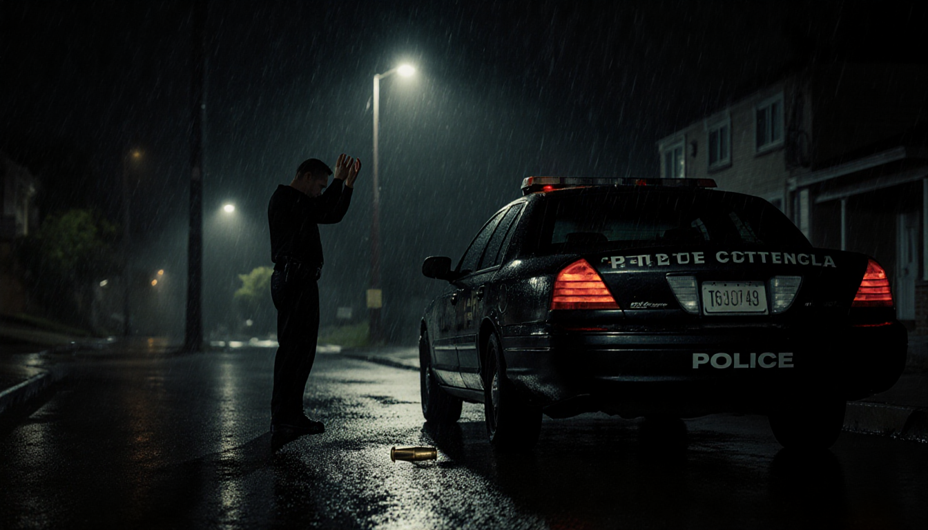 Man raising his hands with a bullet casing on wet pavement near a police car with lights off on a rainy street.