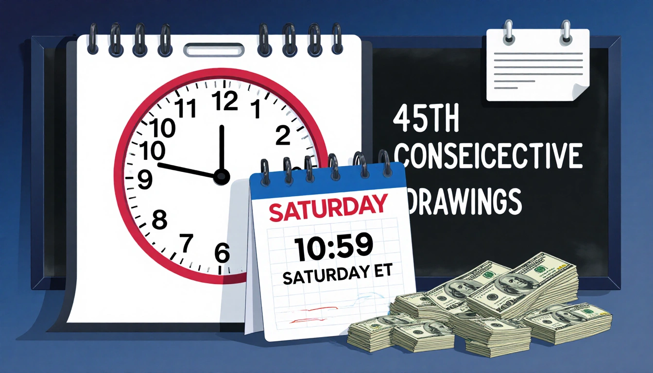 Countdown timer ticking from 10:59 p.m. ET with whiteboard 45th Consecutive stack of $100 bills
