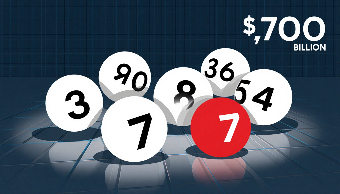 Illustration depicts a Powerball board with numbered balls and a red Powerball and faint jackpot.