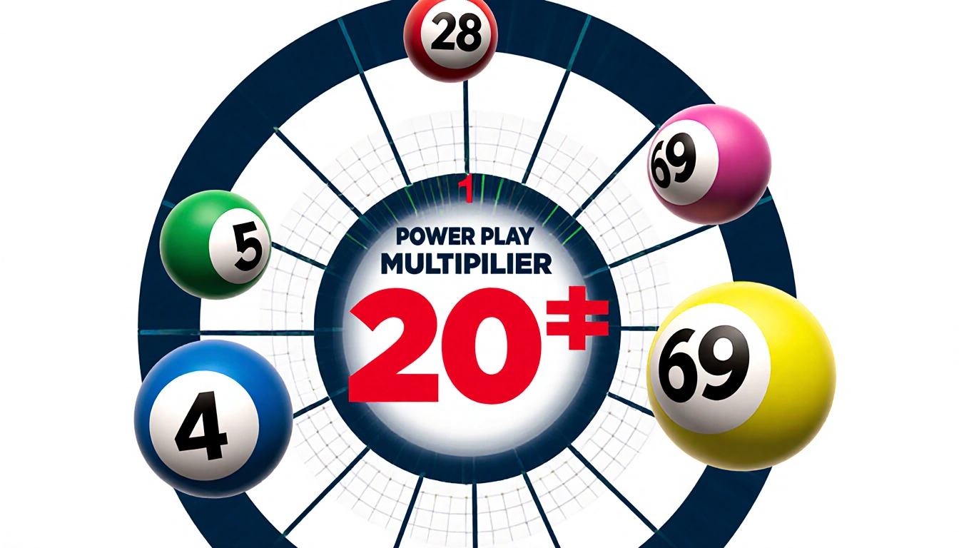 Five numbered balls hang with red Powerball 20 near top and bold Power Play Multiplier text overlay.