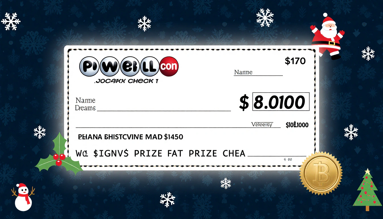 Powerball jackpot check with $1.817 billion printed and gold seal over holiday pattern on dark blue background