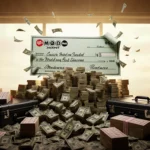 Powerball jackpot check sits atop cash briefcases and tickets with golden light and bills cascading.