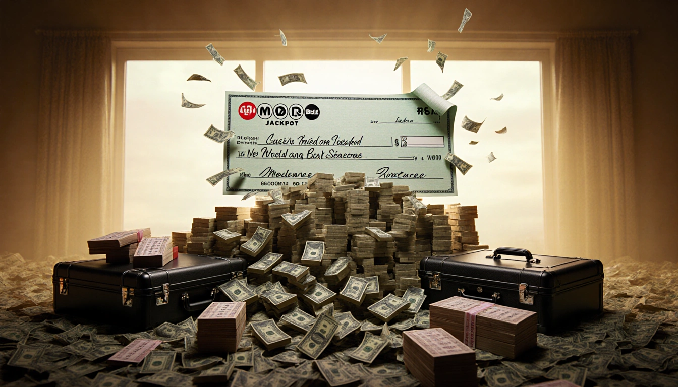 Powerball jackpot check sits atop cash briefcases and tickets with golden light and bills cascading.