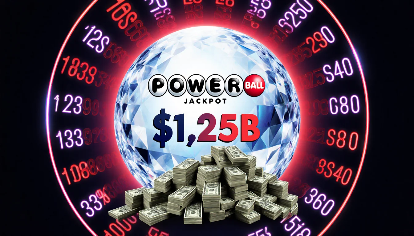 Giant crystal ball shines with overflowing cash and bold winning numbers spiraling around it for a $1.25B Powerball jackpot