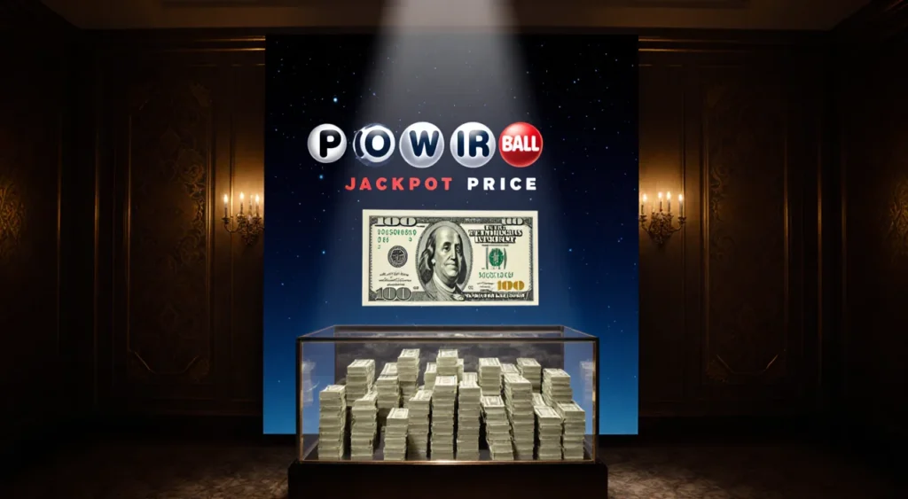 Spotlight illuminating a Powerball jackpot display case with $100 bill stacks and a giant $1 bill on top.