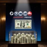 Spotlight illuminating a Powerball jackpot display case with $100 bill stacks and a giant $1 bill on top.