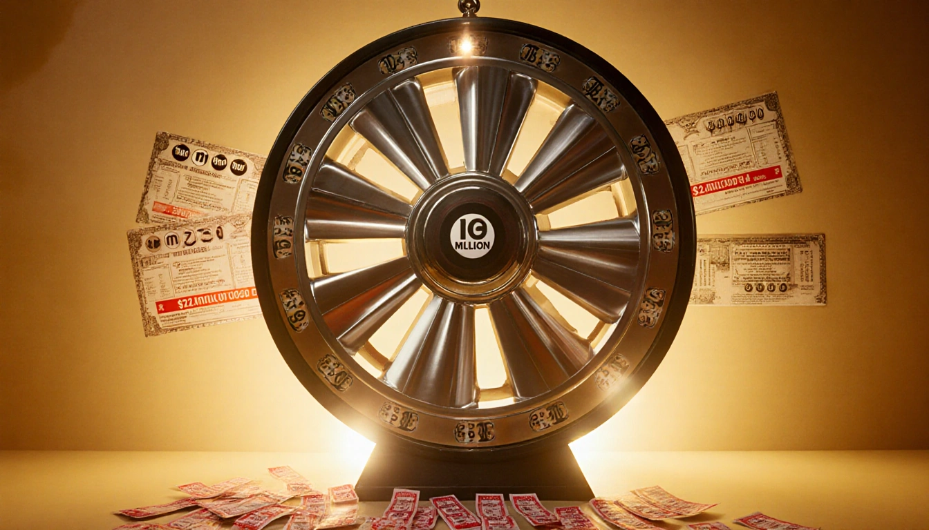 Gleaming Powerball jackpot wheel spinning with red winning tickets scattered below and $2M prize tickets on the wall