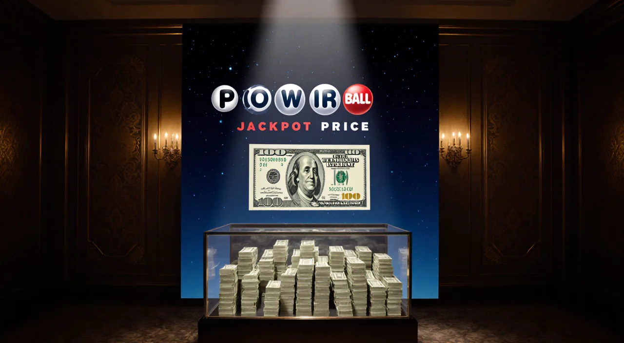 Spotlight illuminating a Powerball jackpot display case with $100 bill stacks and a giant $1 bill on top.