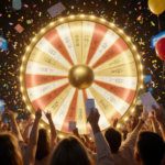 Giant gold Powerball wheel lights up with warm glow while lucky winners lift tickets amid confetti and balloons.