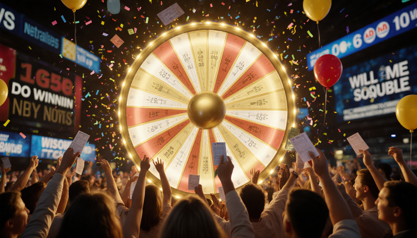 Giant gold Powerball wheel lights up with warm glow while lucky winners lift tickets amid confetti and balloons.