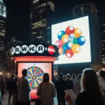 Bright Powerball ticket booth glows with LED screen showing colorful balls dropping onto wheel in a night city backdrop.