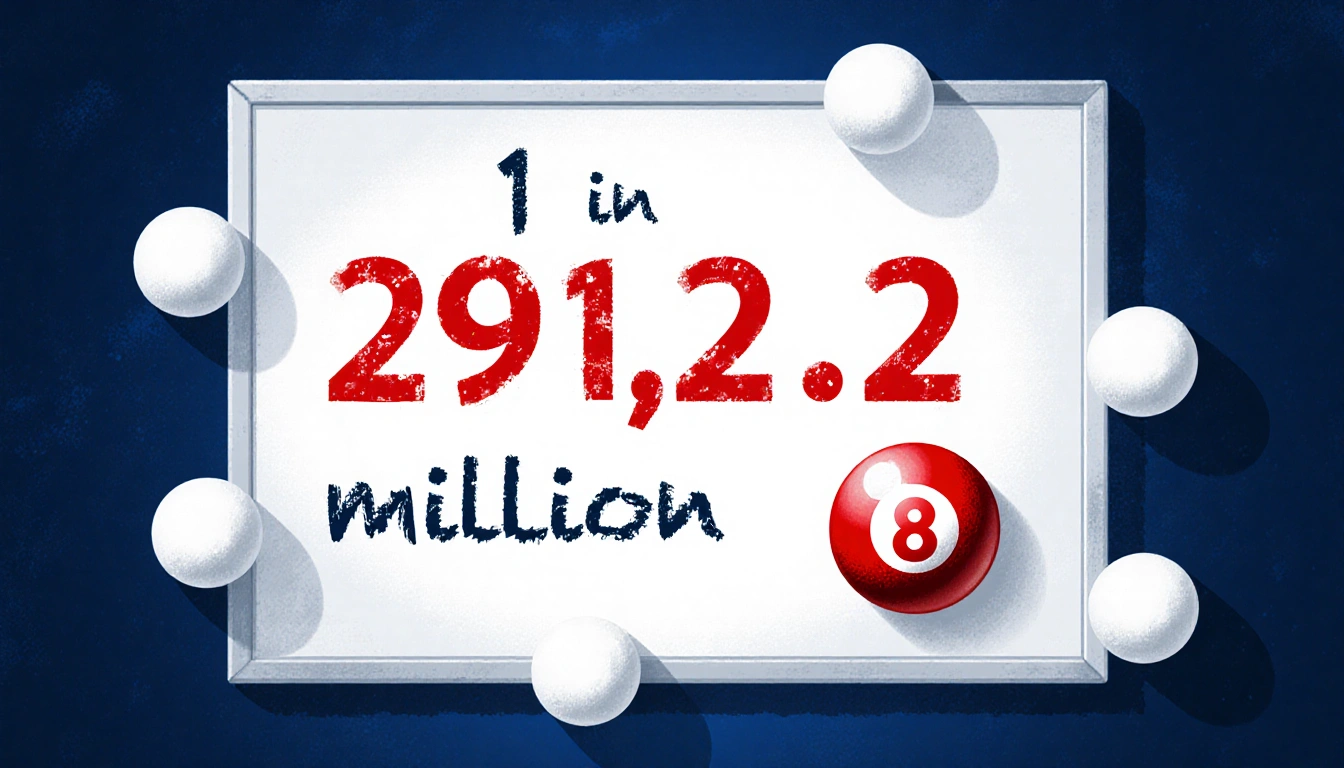 Whiteboard illuminated with bold red odds 1 in 292.2 million and Powerball jackpot balls against deep blue background