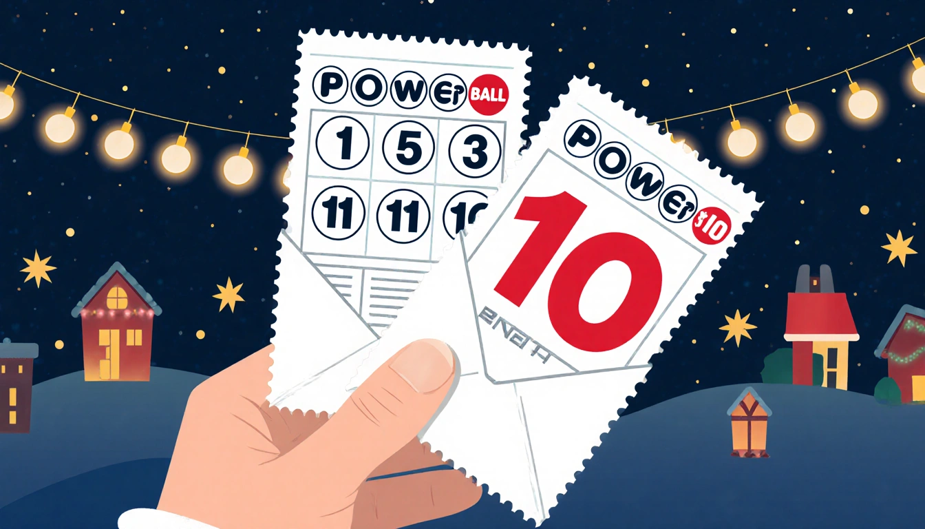 Person holding matching Powerball tickets with bright white balls 1-6 and red Powerball 10 near Christmas lights holiday chee