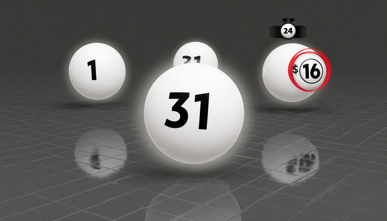 Powerball numbers float with glowing white balls and a Power Play icon on dark gray background.