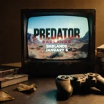 Screen flickering with Predator: Badlands title and release date with dusty gaming controllers and DVDs nearby nostalgic.