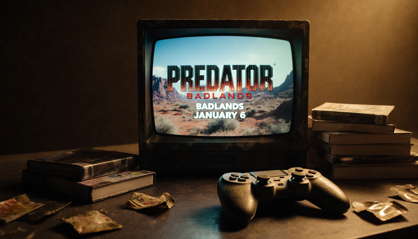 Screen flickering with Predator: Badlands title and release date with dusty gaming controllers and DVDs nearby nostalgic.