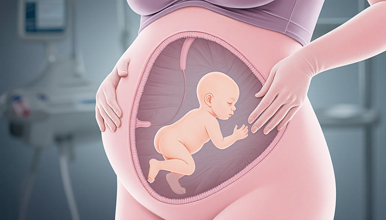 Pregnant abdomen showing translucent fetus with soft medical equipment and gentle lighting