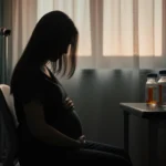 Pregnant woman sits alone in hospital room with soft light from window and empty prescription bottles.