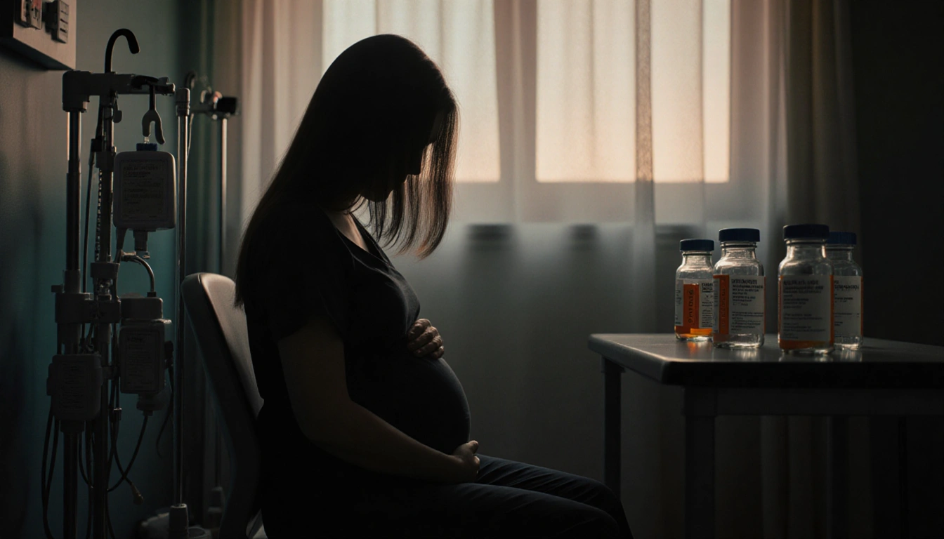 Pregnant woman sits alone in hospital room with soft light from window and empty prescription bottles.