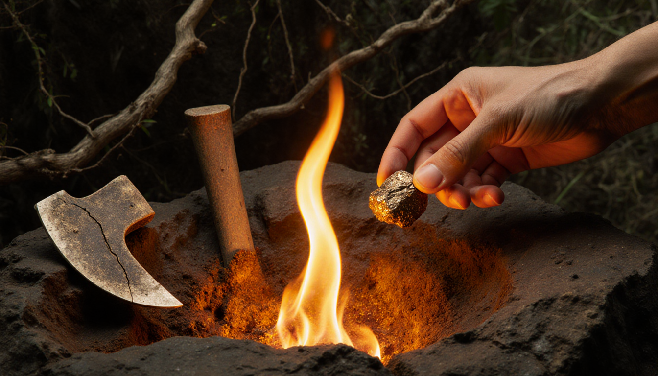 Human hand holding pyrite fragment ready to ignite with prehistoric hearth and flint hand axes in background
