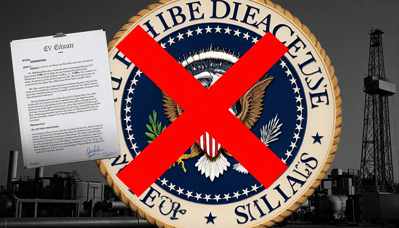 Presidential seal crossed by a red X with oil drilling equipment and pipelines around it and a policy document background