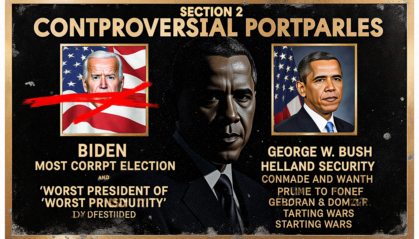 Two presidential plaques show Biden face with crossed words and a Bush plaque with praise and criticism bold distressed text.
