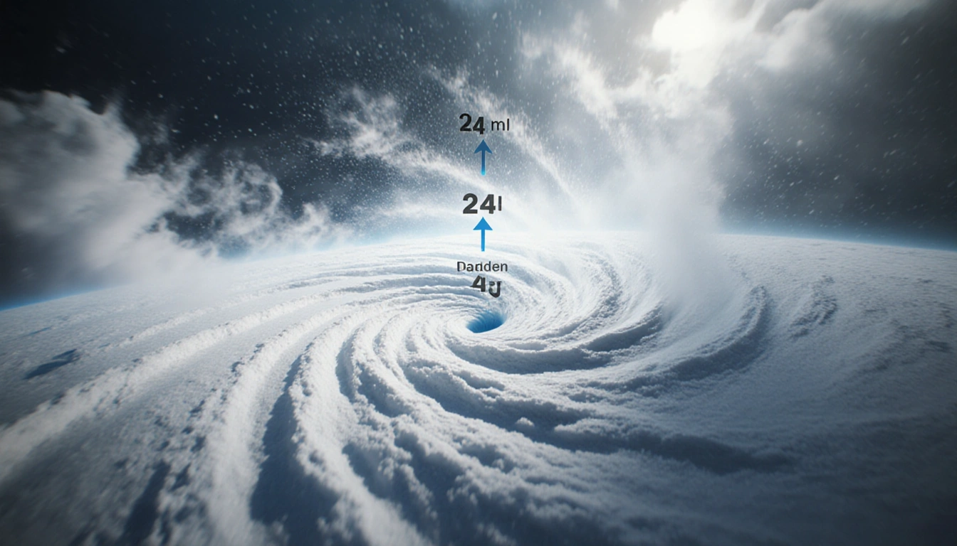 Swirling vortex spinning with 24-bar arrows in center and pressure-gradient clouds indicating bombogenesis