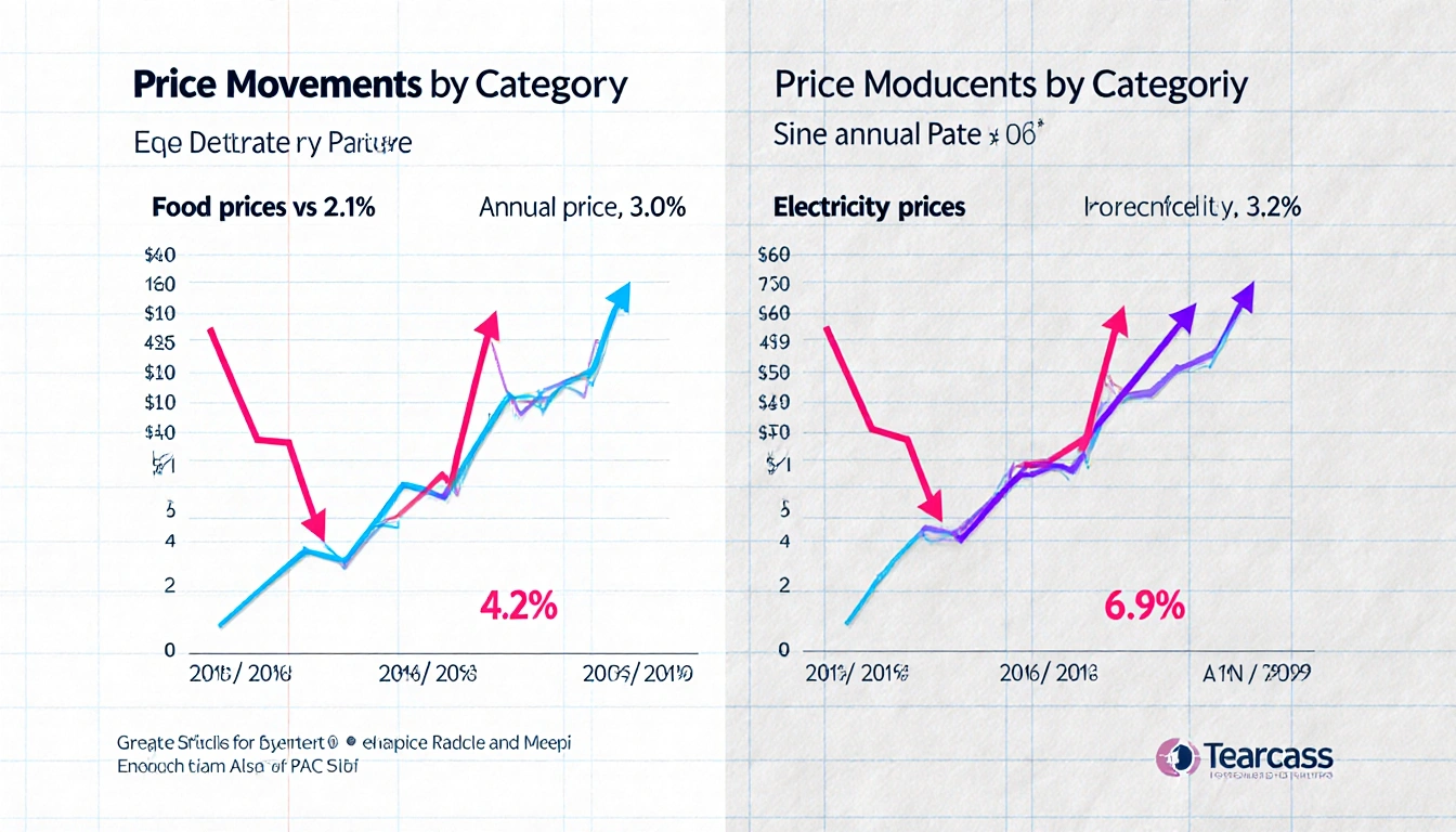 Split-screen chart showing food and housing price drops with downward arrows on graph and energy price rises upward lines