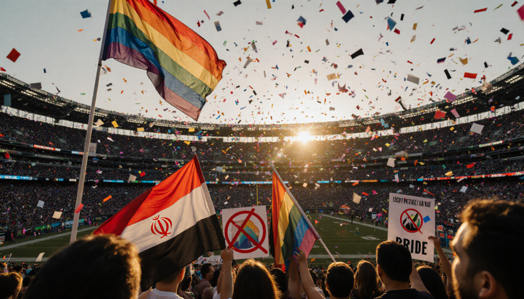 Seattle stadium displays rainbow Pride flag above field with tangled Egypt and Iran flags in protest and anti‑Pride confetti.