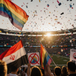 Seattle stadium displays rainbow Pride flag above field with tangled Egypt and Iran flags in protest and anti‑Pride confetti.