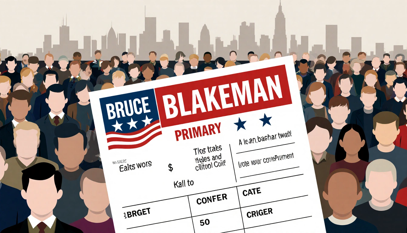 Bruce Blakeman’s primary ballot stands out with bold colors and a blurred crowd backdrop near a subtle New York City skyline