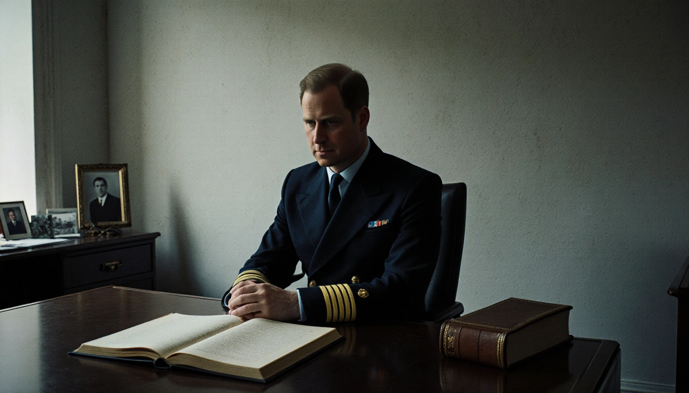 Prince Andrew sits in a dimly lit office with an open leather book and bare walls showing empty space of his support figure.