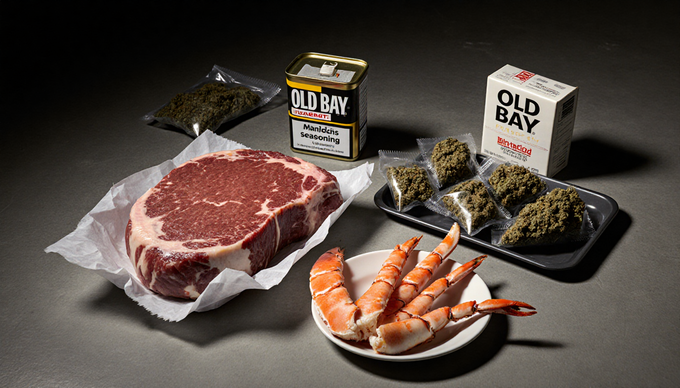 Raw steak with crab legs and marijuana baggies in a dim prison cell contrasting contraband and food