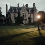 Grand stone mansion overlooking overgrown gardens with flickering streetlight casting an eerie glow