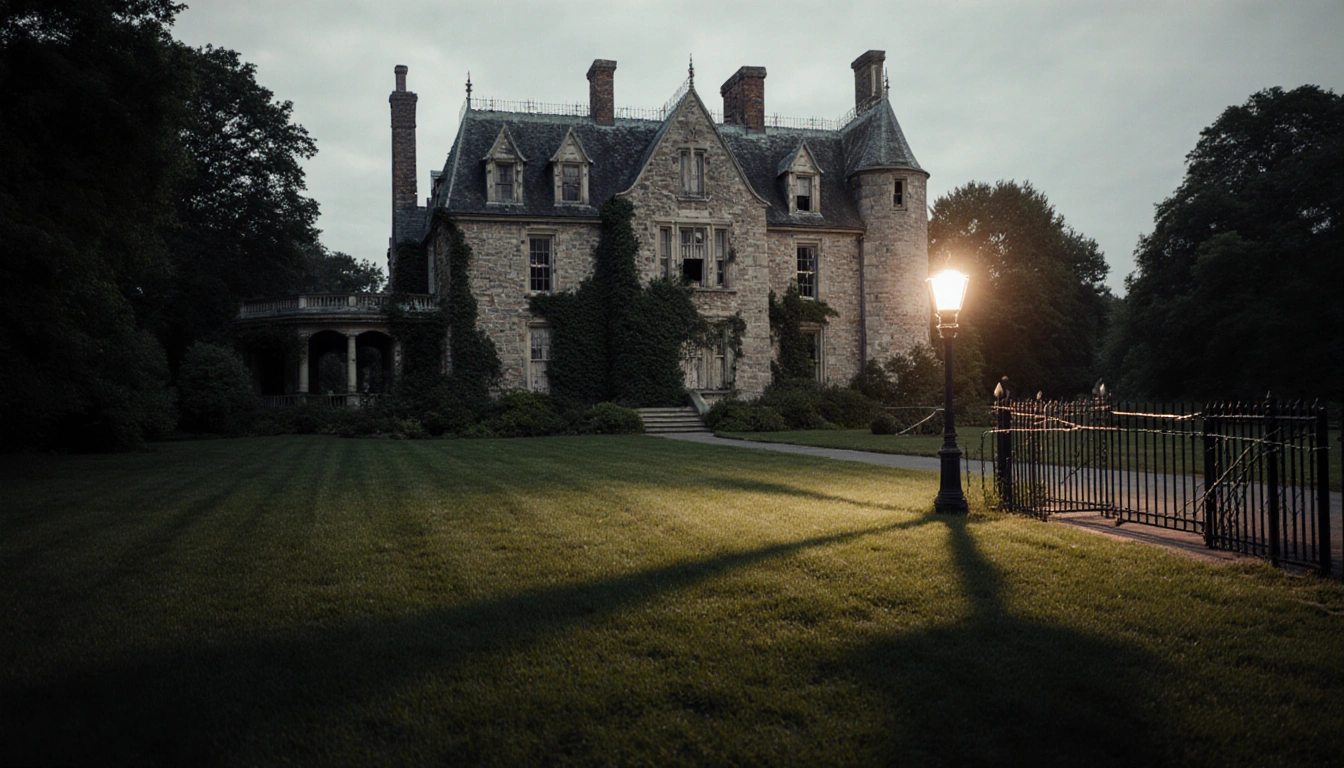 Grand stone mansion overlooking overgrown gardens with flickering streetlight casting an eerie glow
