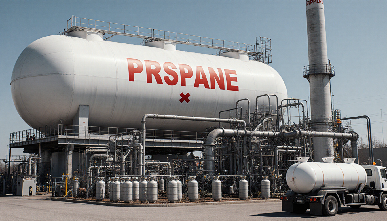 Propane plant with large fuel tank and piping truck parked nearby with propane cylinders