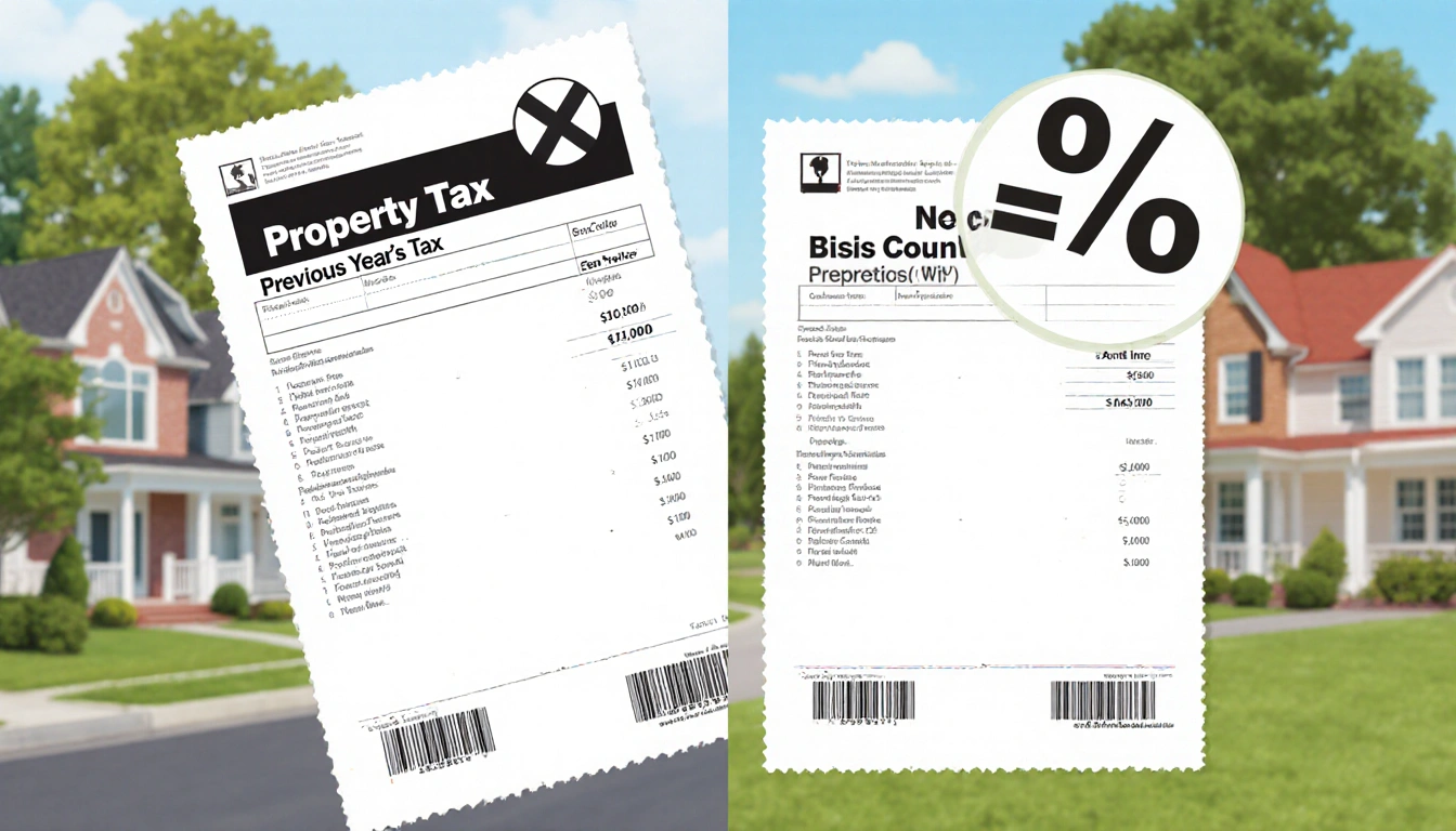 Split-screen shows two property tax bills with a new tax total marked by an 8% increase symbol and a Bucks County background