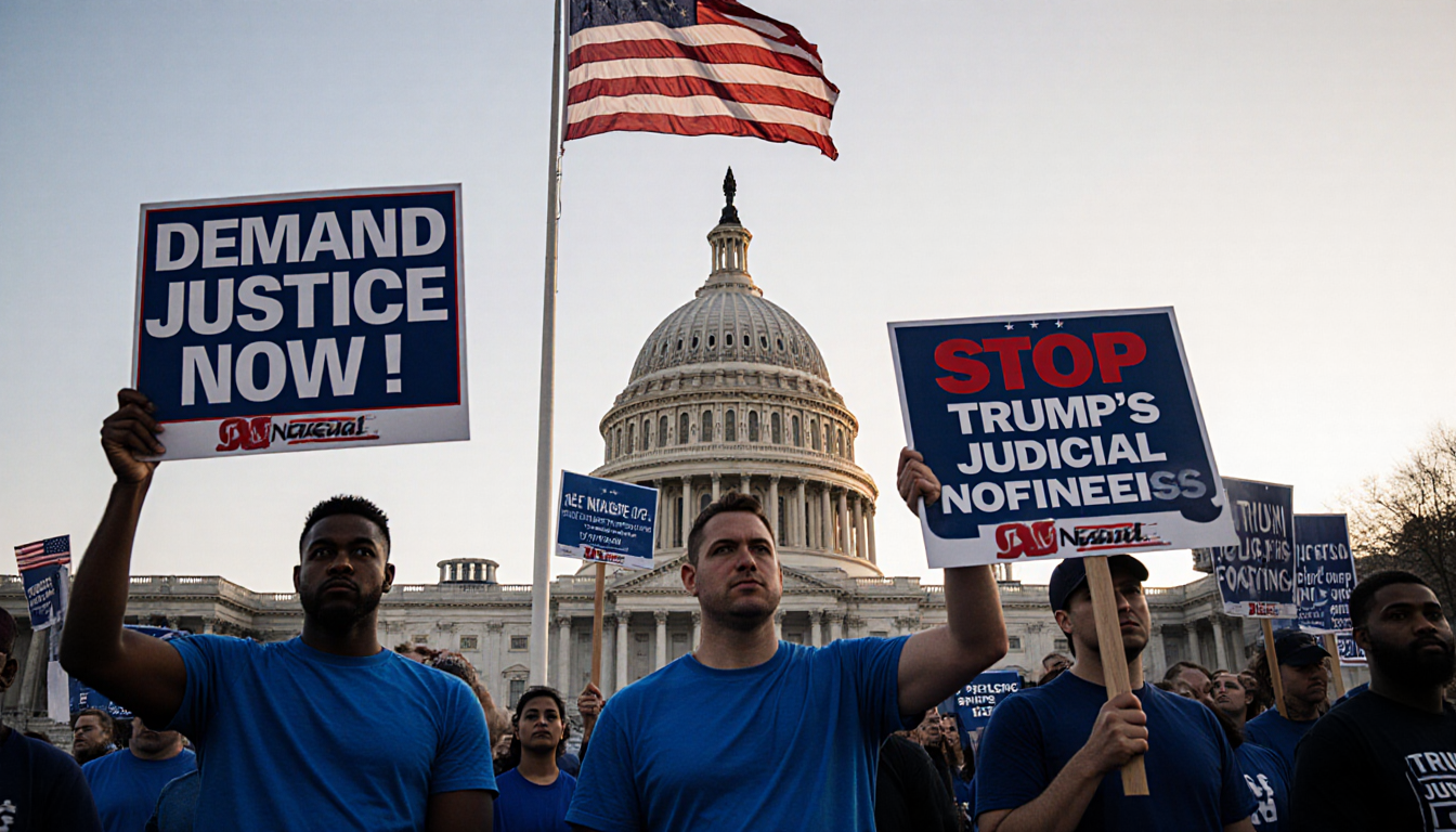Protesters holding signs with blue attire and a flag near Capitol Building reading Demand Justice Now