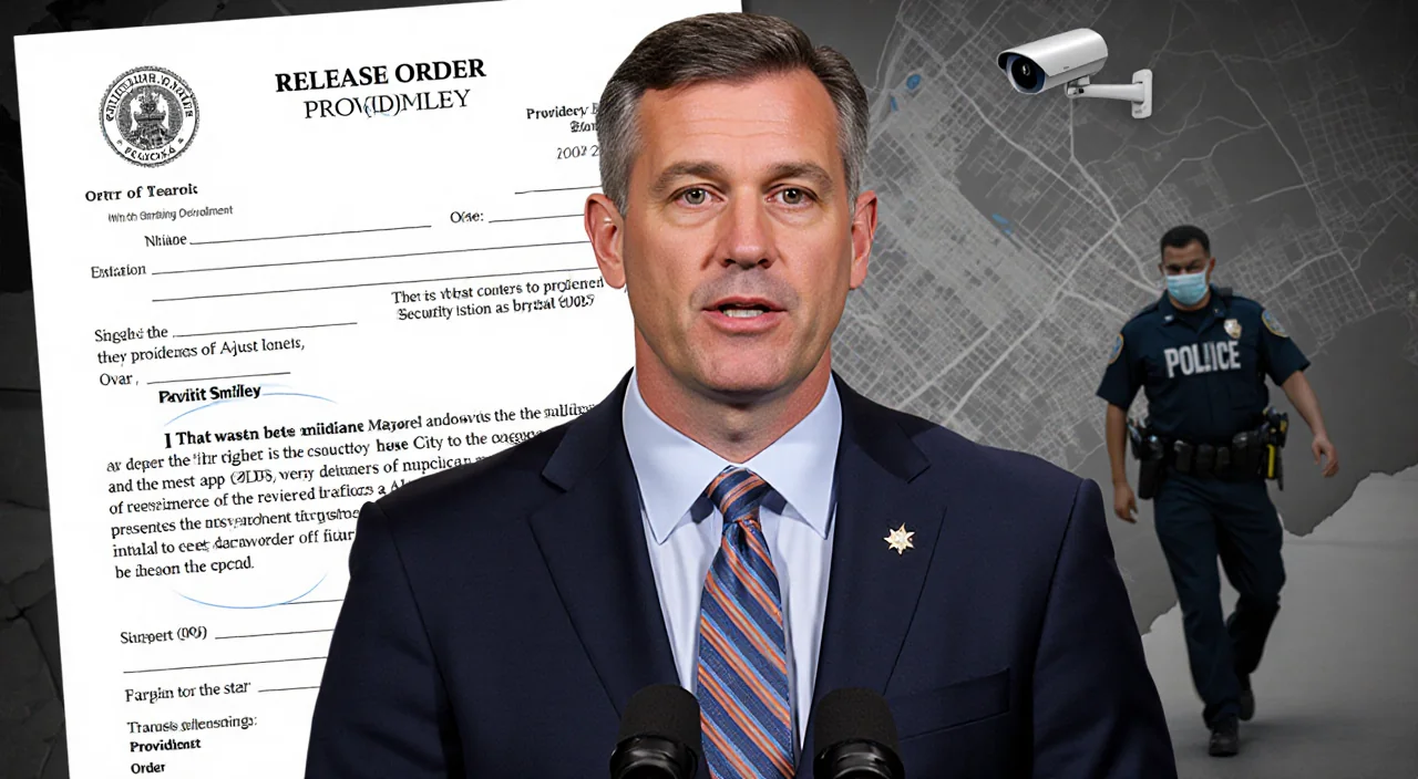 Mayor Brett Smiley speaking with microphone holding court doc behind city map and security guard