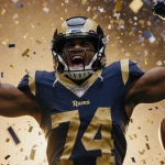 Puka Nacua celebrating a touchdown with arms raised and confetti exploding around him in a Rams logo background